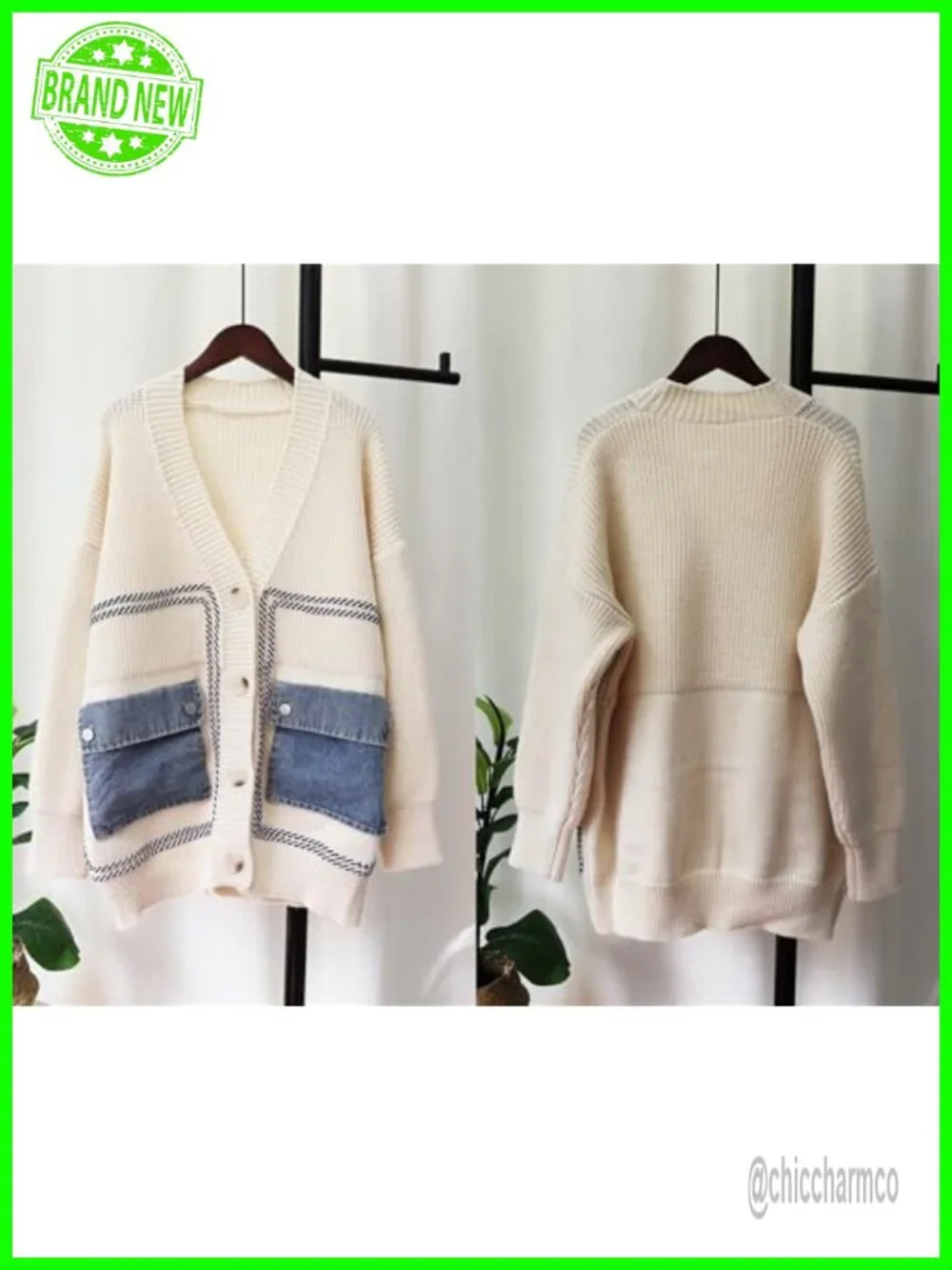 Chunky Knit Cardigan Button Down Sweater Denim Pockets Open Front